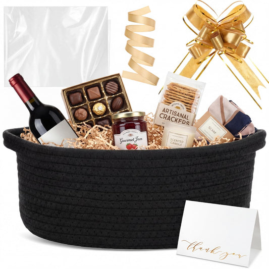 Colingmill Graduation Woven Basket with Gift Bags and 2 Ribbons, Raffia Grass Paper Shred Filler, Gift Card, Empty Small Rope Basket for Storage Presents Toy Organizer(Black,12 * 8 Inch)