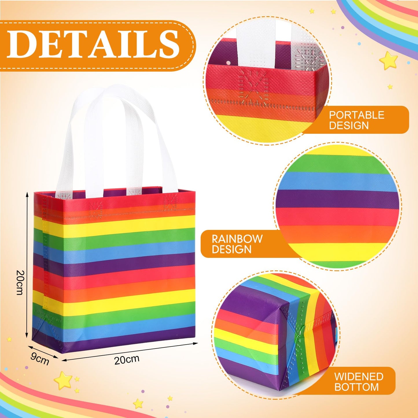 50 Pcs Gay Pride Day Gift Bags Bulk Reusable Tote Bags with Handle, Rainbow Striped Non Woven Flat Bottom Tote for Wedding Birthday Lgbt Awareness Month Party Supplies (Rainbow)