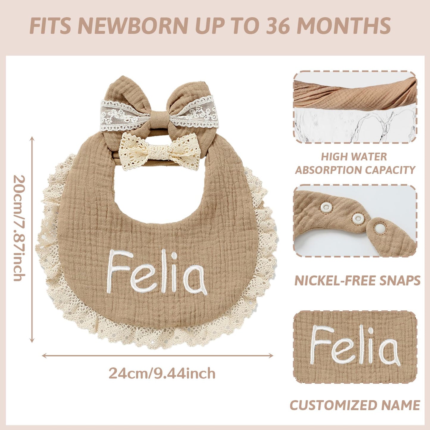 Personalized Muslin Baby Bibs Set with Name,Custom Soft Cotton Drool Bibs for Baby Girl,Teething Drooling Adjustable Bib for Newborn Toddler,Cute Bibs&Bows Gifts for Baby Shower, Birthday, Christmas