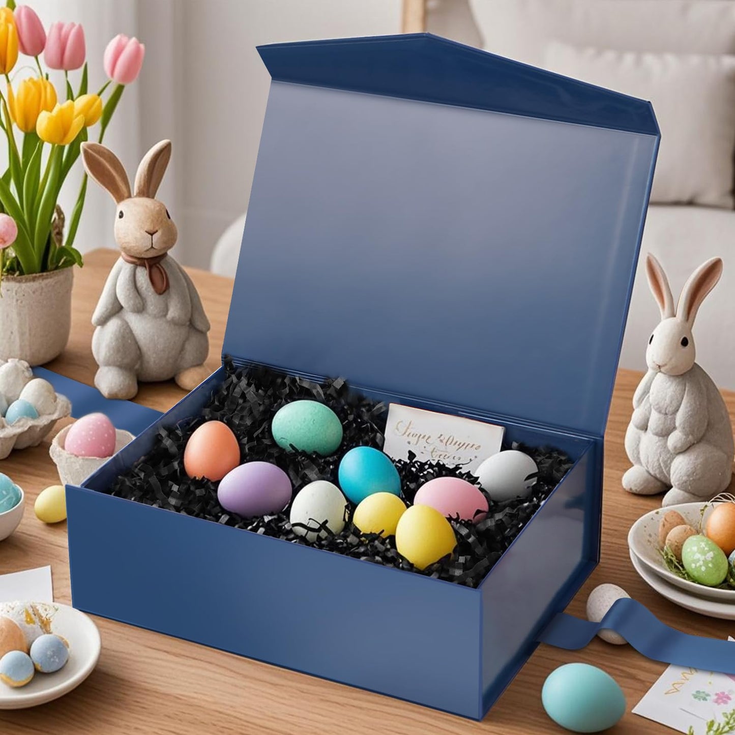HAPPY POTATO Large Easter Gift Box withLid and Ribbon 11.5x8.1x3.8 Inches, Groomsman Proposal Box, Magnetic Blue Gift Box for Presents (Glossy Blue)