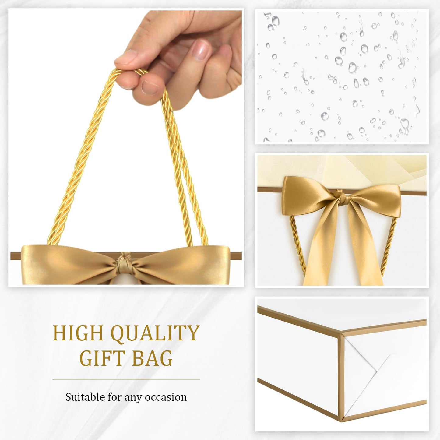 YoungTree Gift Bags with Handles, 13" Medium Gift Bag with 2 Tissue Paper and 1 Card, Present Bag for Graduation Wedding Baby Shower Bridal Shower Birthday Party Supplies (White-Gold)