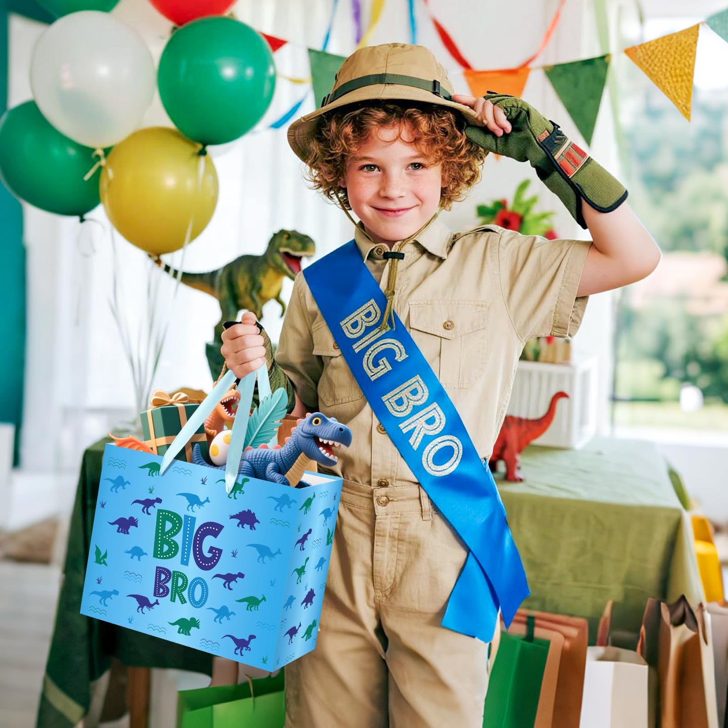 Big Brother Gift Bag for Boys, Cute Big Bro Gift Bag with Tissue Paper and Greeting Card Blue Wrapping Paper Cartoon Dinosaur New Brother Party Decoration for Little Boy Birthday Party Supplies