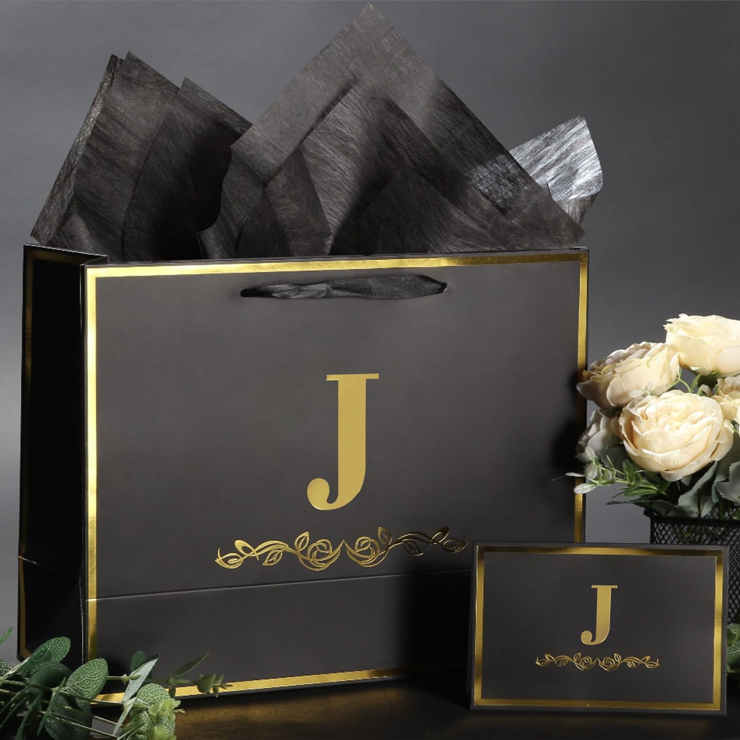 momoake Alphabet Birthday Gift Bag with Card and Tissue Paper for Men Women, 13" Large Black Gold Personalized Bridal Party Gift Paper Bag for Gifts Wrapping - (Letter J)