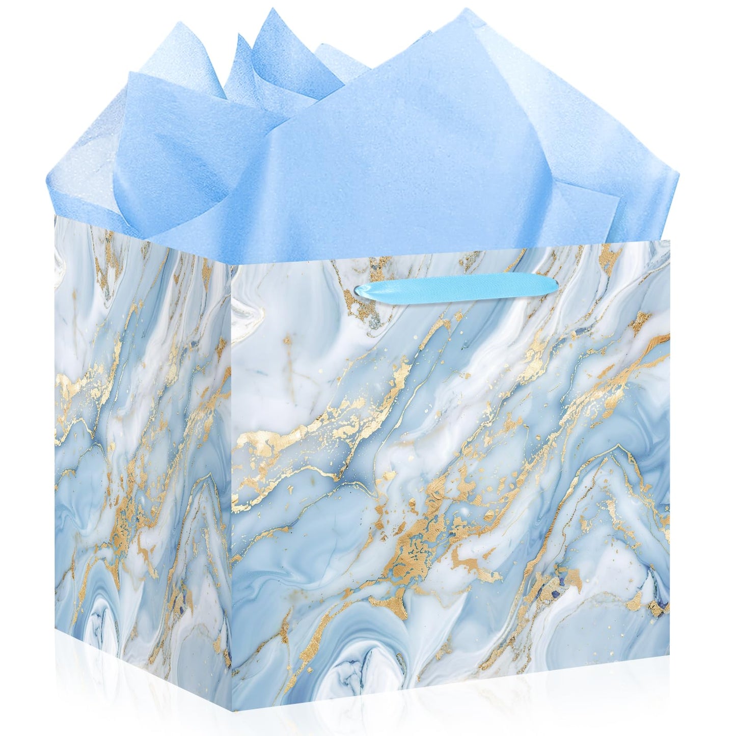 Woosytoo 12 Inch Extra Large Gift Bags - Blue Gold Marble Square Gift Bag with Handles Jumbo Wedding Gift Bags Giant Wrapping Paper Bag for Birthday Christmas Engagement Bridal Shower Party Favors