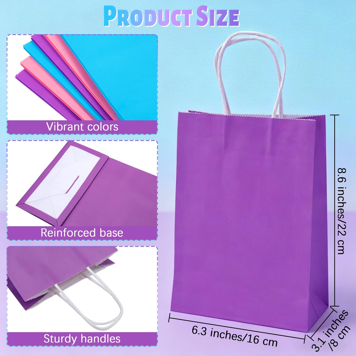 Cooraby 20 Pieces Kraft Paper Bags Party Favor Bags Craft Gift Bag with Handle for Birthday, Baby Shower, Wedding (light blue, light purple, pink)