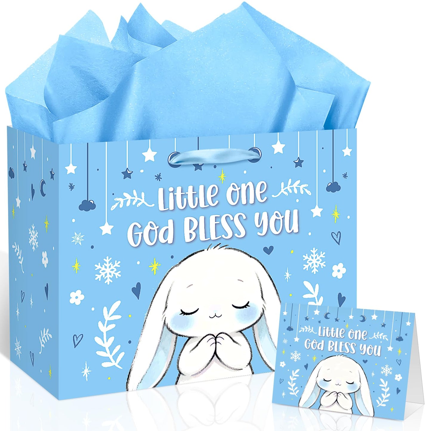 Blue Bunny Baptism Gift Bag for Baby Boys, God Bless You Religious Gift Bag with Greeting Card and Tissue Paper Christening First Holy Communion Party Supplies Boy Baptism Wrapping Paper Bag 11.8"