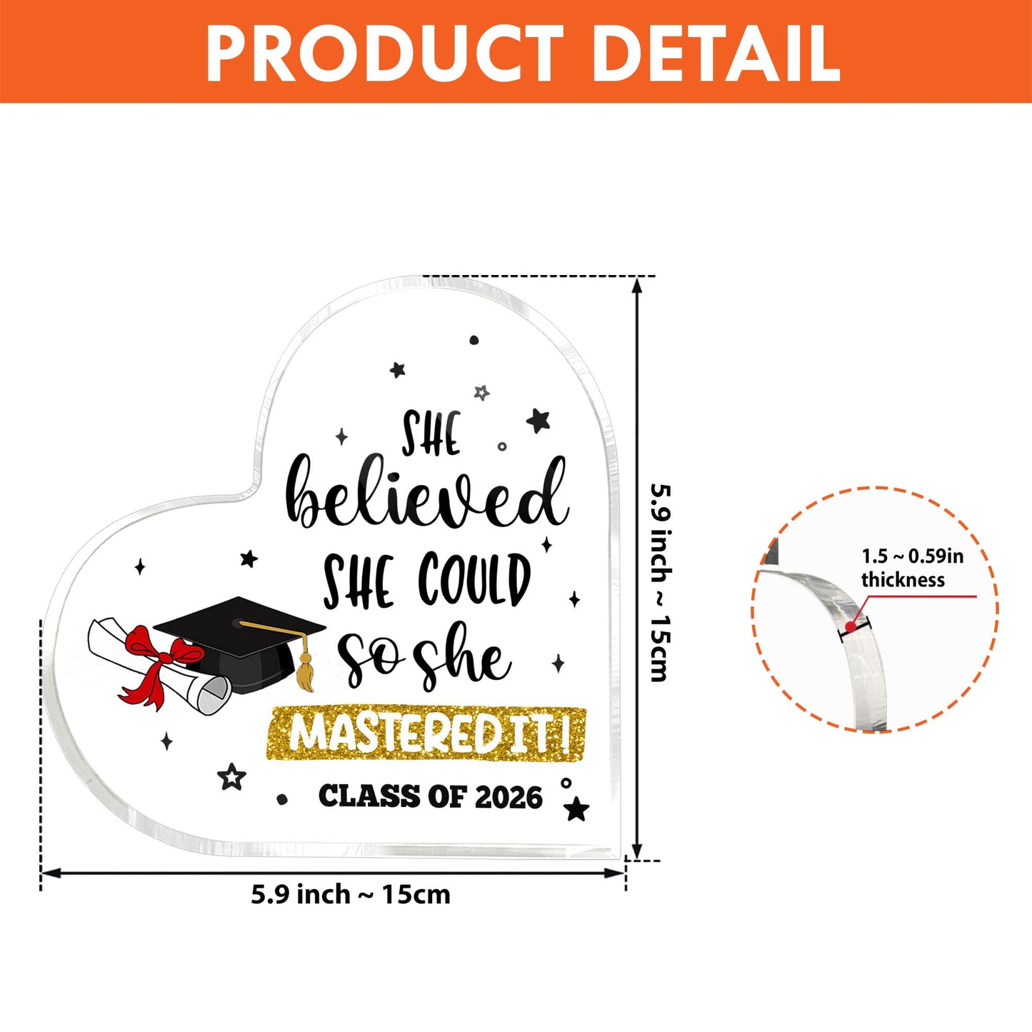 Graduate Gifts Class of 2026 Plaque, College Graduation Gifts for Her Women, Inspirational Graduation Gift, Masters Graduate Grad Keepsake for Masters Degree Heart Acrylic Paperweight, She Mastered It
