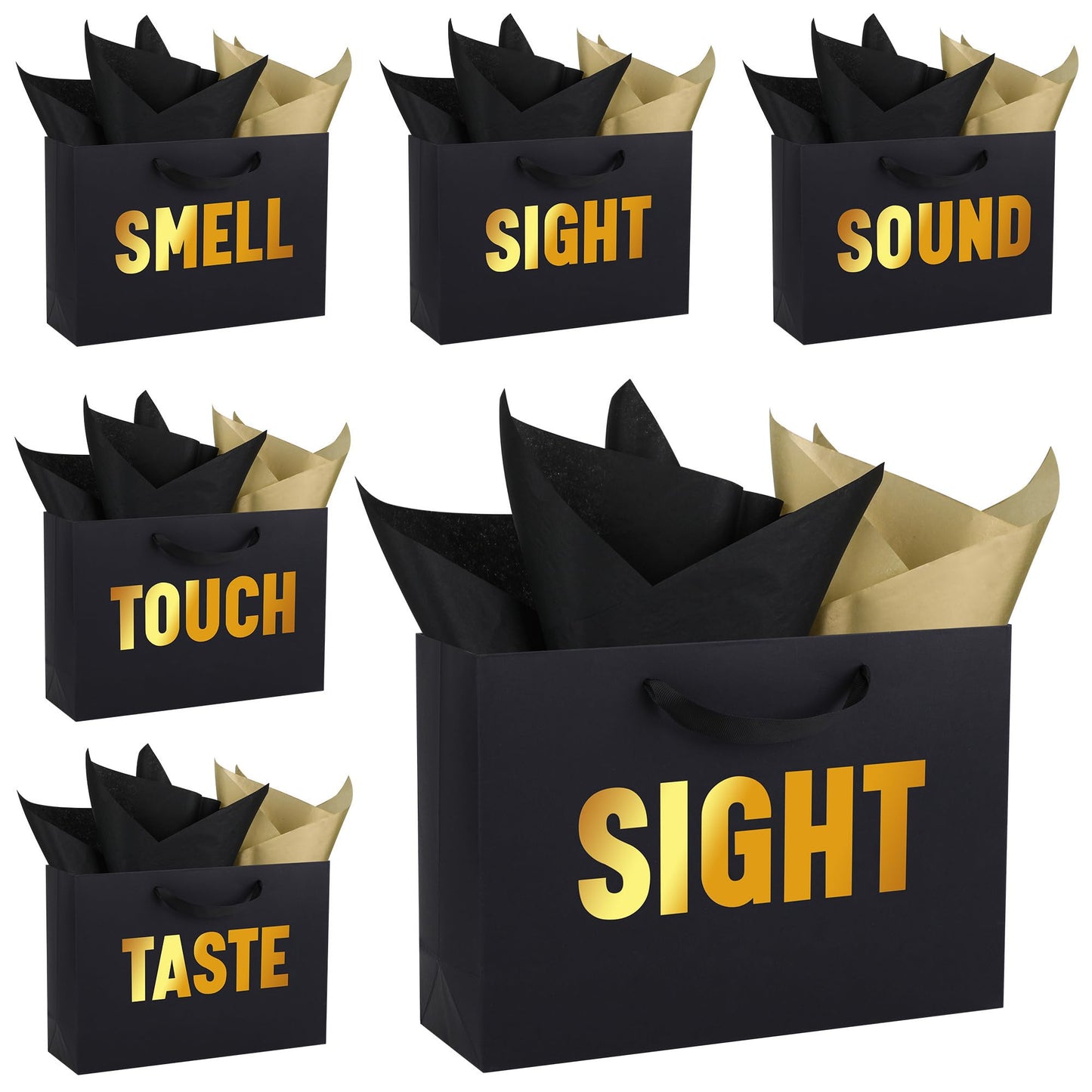 OEMVALATY 5 Senses Gift Bags for Him Her Five Senses Gift Bags with Ribbon Handles and Tissue Paper Present Wrappings for Valentine Wedding Anniversary Birthday Christmas(Black, 12.6''x8.8''x4'')