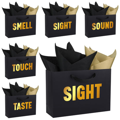 OEMVALATY 5 Senses Gift Bags for Him Her Five Senses Gift Bags with Ribbon Handles and Tissue Paper Present Wrappings for Valentine Wedding Anniversary Birthday Christmas(Black, 12.6''x8.8''x4'')