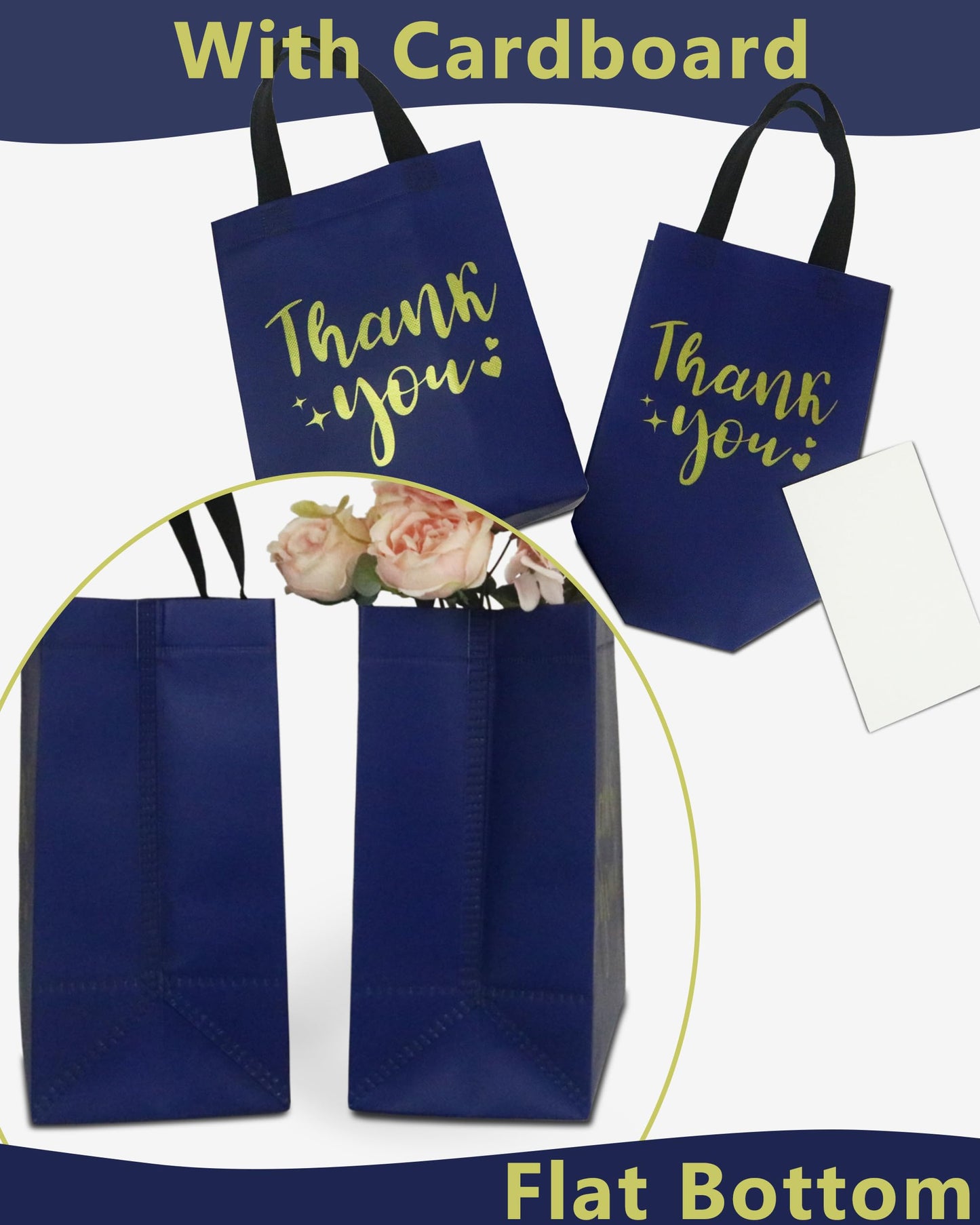 12 Navy Blue Thank You Gift Bags - Sturdy, Reusable, Medium 8x5x10 with Handles, Non-Woven for Weddings, Teachers, Father's Day, Parties, Birthdays & Graduations
