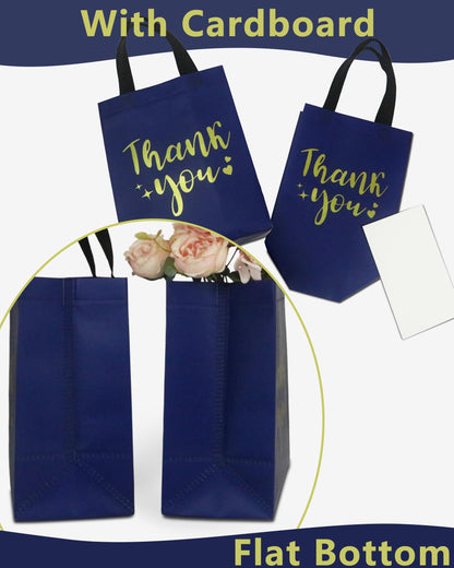 12 Navy Blue Thank You Gift Bags - Sturdy, Reusable, Medium 8x5x10 with Handles, Non-Woven for Weddings, Teachers, Father's Day, Parties, Birthdays & Graduations