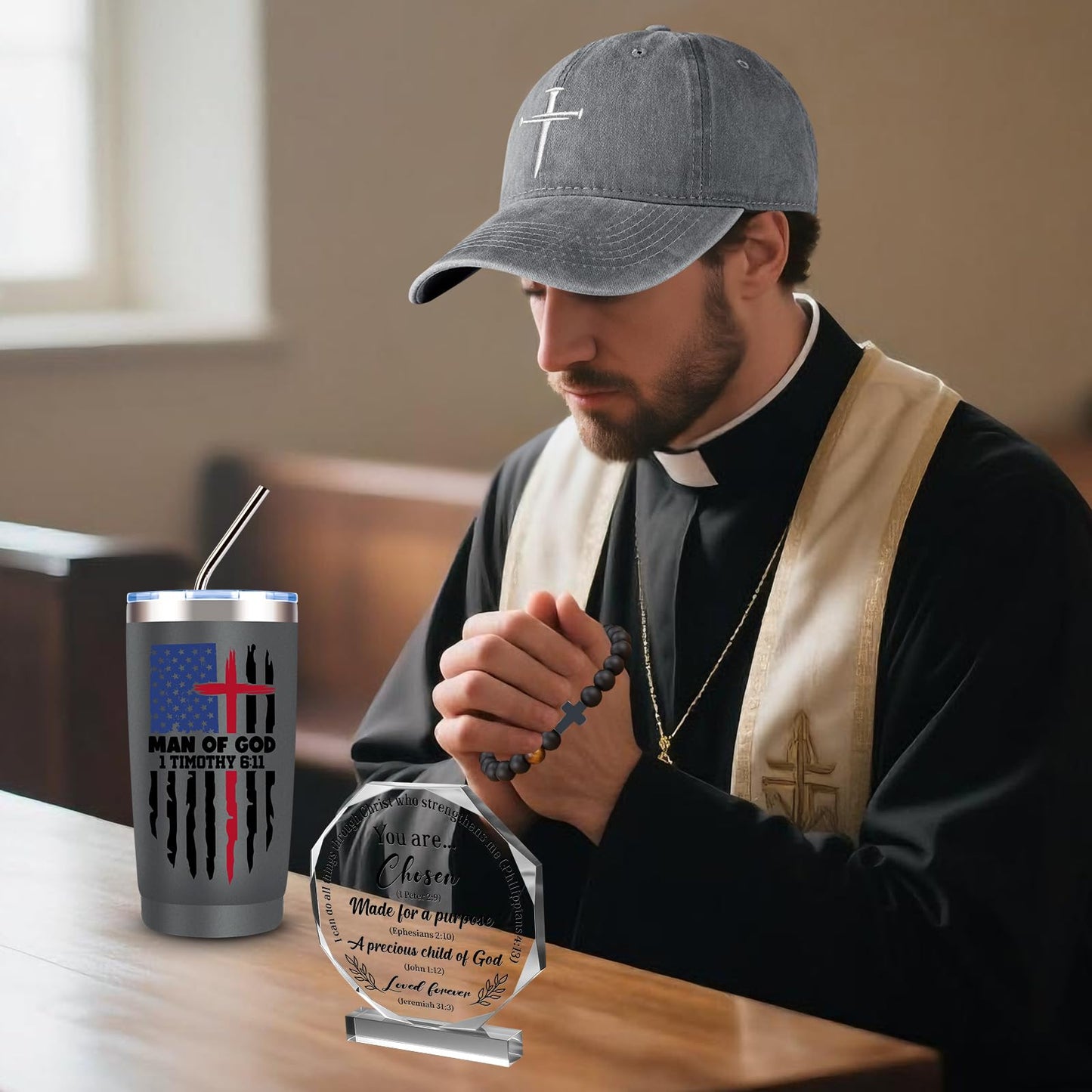 JTAMOHI 10 Pcs Christian Gifts for Men Faith, Inspirational Religious Gifts, Catholic Gift with 20 Oz Tumbler Bible Verses Crystal Plaque Hat Socks Bracelet for Husband, Dad, Grandpa, Friends