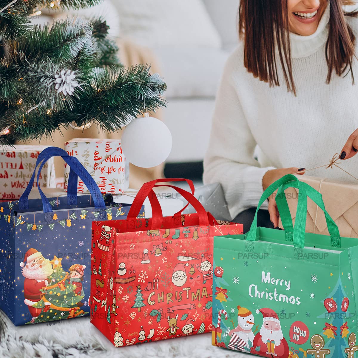 PARSUP 8PCS Christmas Gift Bags, Non-Woven Tote Treat Christmas Bags with Handles for Gifts Wrapping Shopping, Xmas Party Supplies, 12.8"×9.8"×6.7"