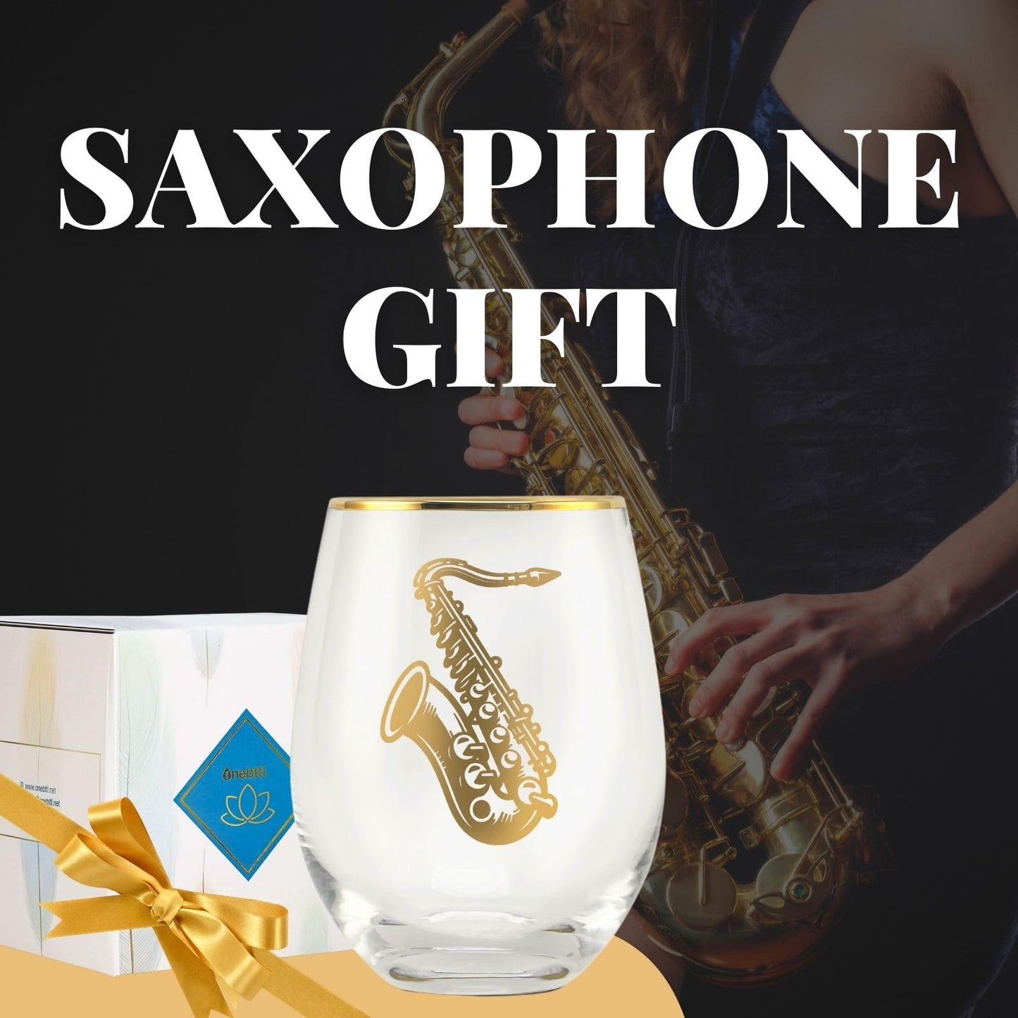 Onebttl Saxophone Gifts, Jazz Gifts for Jazz Lovers, 17 oz Stemless Wine Glass with Foil Stamping Pattern
