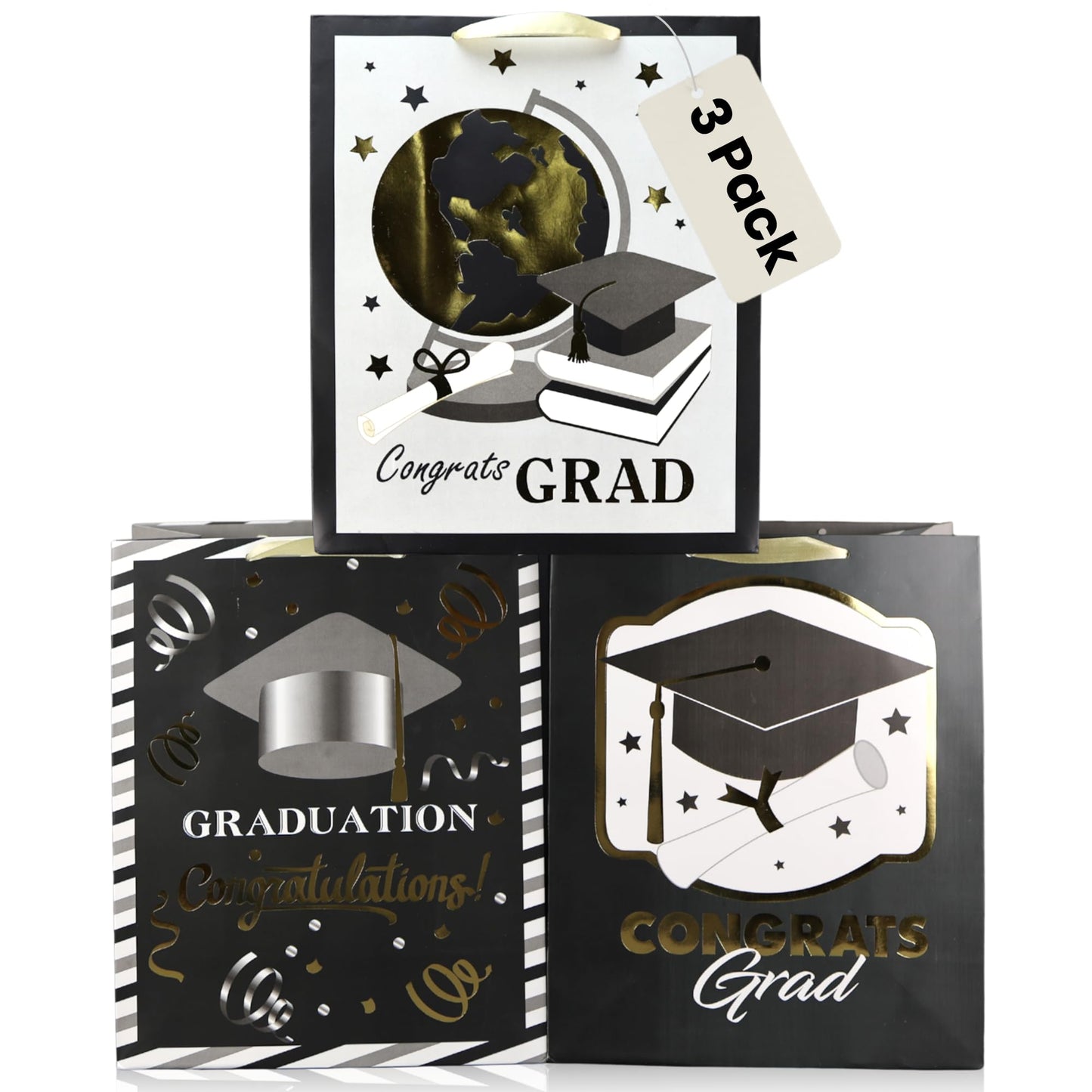 Iconikal 3-Pack Graduation Gift Bags, Large 10.5x13x5.5 Inch, Foil Embellished Designs