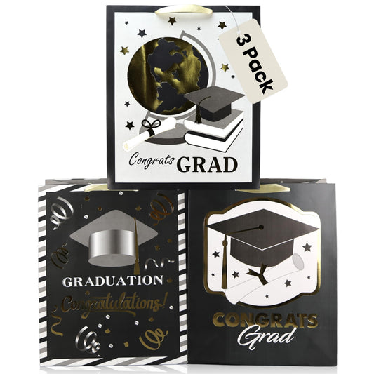 Iconikal 3-Pack Graduation Gift Bags, Large 10.5x13x5.5 Inch, Foil Embellished Designs