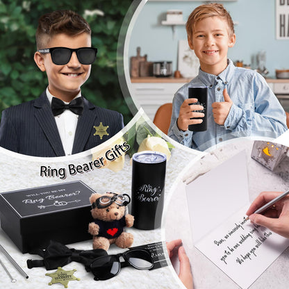 6Pcs Wedding Ring Bearer Gifts Set Wedding Party Favors Include 14 oz Ring Bearer Tumbler with Straw, Will You Be My Ring Bearer Proposal Card, Ring Bearer Sunglasses, Bear, Tie, Ring Security Badges