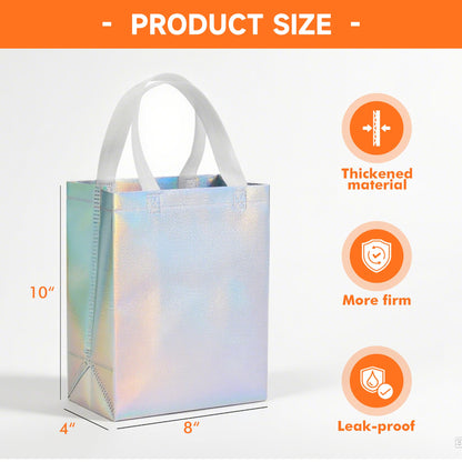 METAPRINT 15 Pcs Iridescent Glossy Gift Bags Medium Size, 8x4x10 Inch Holographic Reusable Gift Bags with Handles & Sturdy Base, Ideal for Birthday, Wedding