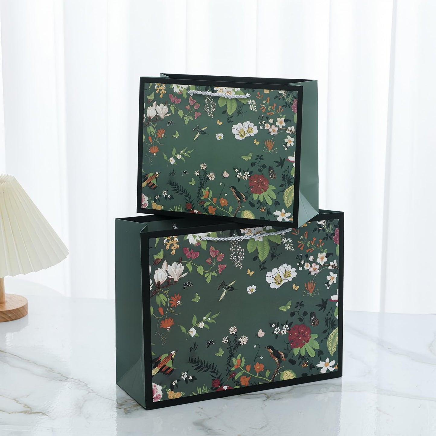 HANSWARE 2 Pack 12.6" Large Green Gift Bags with Handles,Vintage Flower Paper Gift Bag for Presents Cute Bags for Valentines,Wedding,Easter,Christmas,Baby Shower,Birthday Party,12.6"L x 4.5"W x 9.8"H