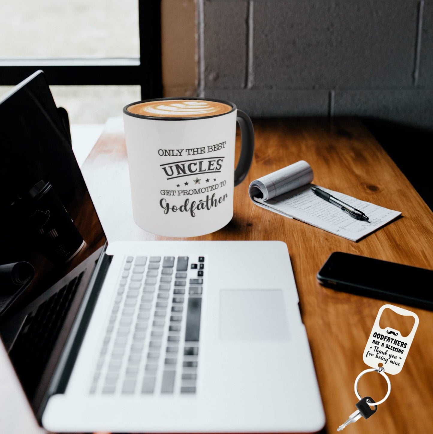 Godfather Mug 11 Ounces Ceramic Coffee Cup with Bottle Opener Keychain, Gift for Godfather Proposal, Birthday, Father’s Day, Christmas from Godchild