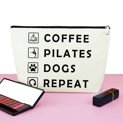 Mxrymvu Coffee Lover Gifts Makeup Bag Pilates Lover Gift Travel Bag Pilates Gifts for Women Birthday Zipper Pouch Funny Dog Lover Gifts New Pet Owner Gifts Coffee Pilates Dogs Repeat Cosmetic Bag