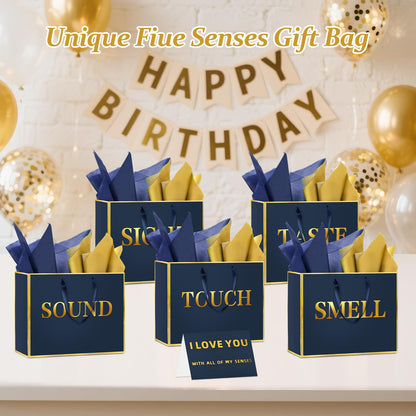5 Senses Gift Bags for Him Her with Labels, Handles & Tissue Paper - Gold Foil Five Senses Gift Bags Party Decor for Birthday, Wedding, Anniversary,Christmas, Valentine's Day (Navy Blue, 11.8x 10x 4 inch)