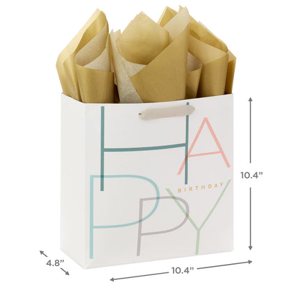 Hallmark Signature Studio 10" Large Square Gift Bag with Tissue Paper (Happy Birthday) Teal, Gray, Pink, Blue on White
