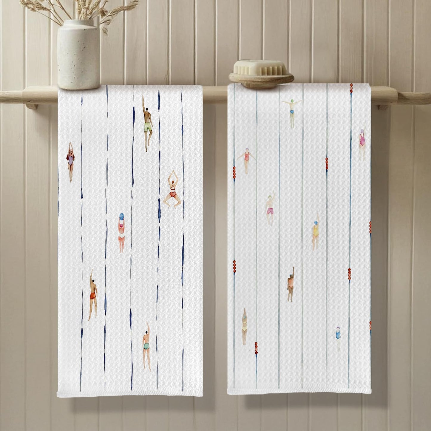 Funny Modern Minimalist Swimming Kitchen Towels, Swim Coach Team Gifts Dish Tea Towels, Sports Swimmers Decorative Hand Towel for Kitchen Bathroom, 16x24 Inch Set of 2
