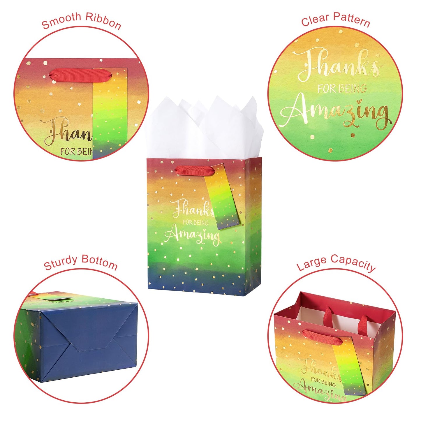 Loveinside Medium Size Gift Bags, Employee Appreciation Thanks Pattern Gift Bag with Tissue Paper for Shopping, Parties, Wedding, Baby Shower, Craft-4 Pack, 7" X 4" X 9"