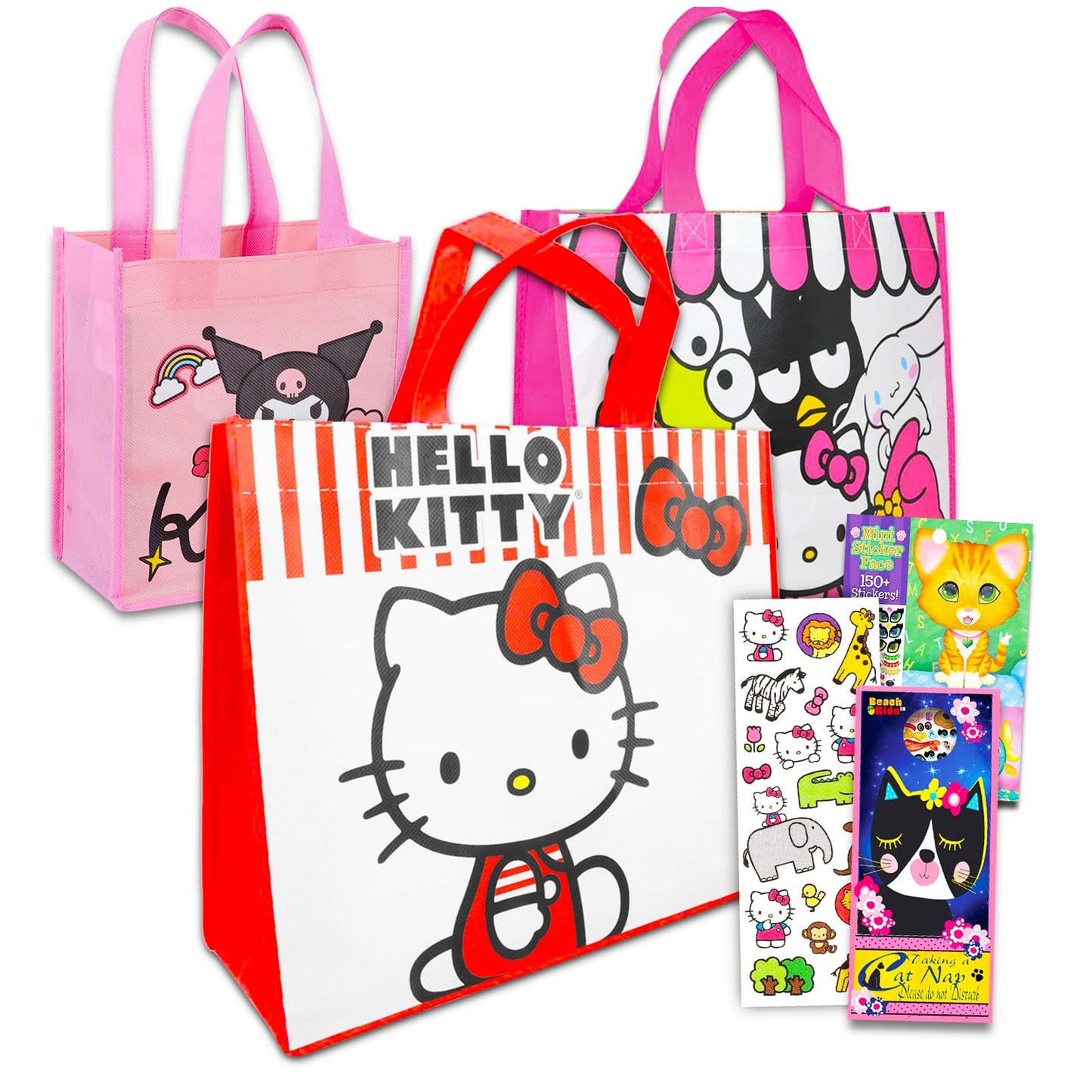 Hello Kitty Tote Bag Set for Girls - Accessories Bundle with 3 Sanrio Reusable Grocery Bags with Stickers, More | Hello Kitty Tote Bag Set