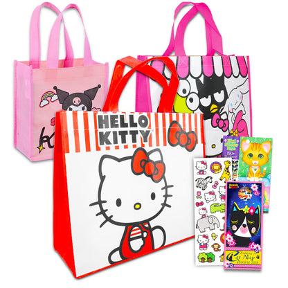 Hello Kitty Tote Bag Set for Girls - Accessories Bundle with 3 Sanrio Reusable Grocery Bags with Stickers, More | Hello Kitty Tote Bag Set