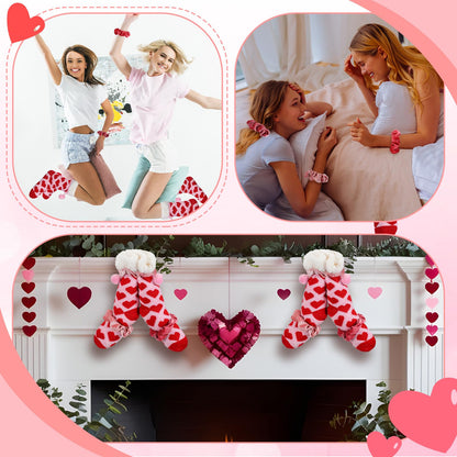 4 Sets/12 Pcs Galentine's Day Pink Gifts Sets Bulk Include 4 Pair Galentines Fuzzy Sock 4 Pcs Greeting Card 4 Pcs Velvet Hair Scrunchies for Women Friend Bestie Valentine's Day Party Favor
