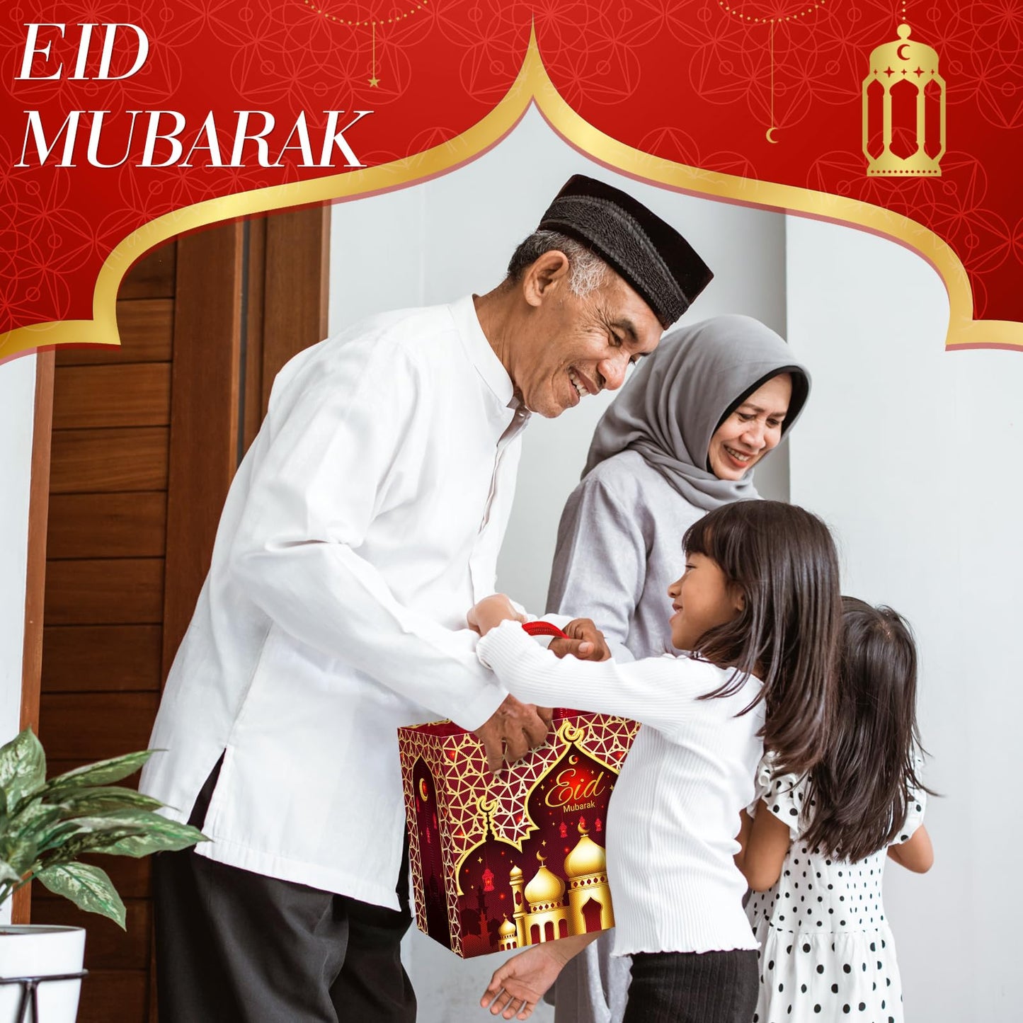 Yoojahow 12 Pcs Eid Mubarak Gift Bags with Handles 12.6 x 9.8 x 6.7 Inch Large Reusable Ramadan Tote Bags Eid Mubarak Non-Woven Treat Goodie for Gifts Wrapping Shopping Ramadan Party Supplies