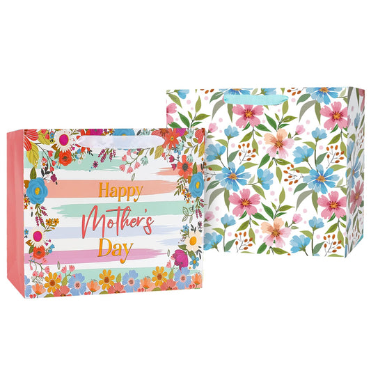 2 Pack 13" Large Mothers Day Gift Bags, Reusable Paper Mothers Day Floral Gift Bag with Handles Elegant Mothers Gift Wrap Bags with Flowers Pattern Design for Woman Moms Grandmas Gift Wrapping Supplie