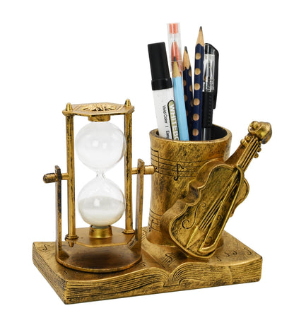 Violin-Themed Pencil Holder with Hourglass, Resin Desktop Organizer for Office & Study, Pen Holder with Sand Timer, Classic Music Addition Scissors Storage, Artistic Gift for Violin Lovers