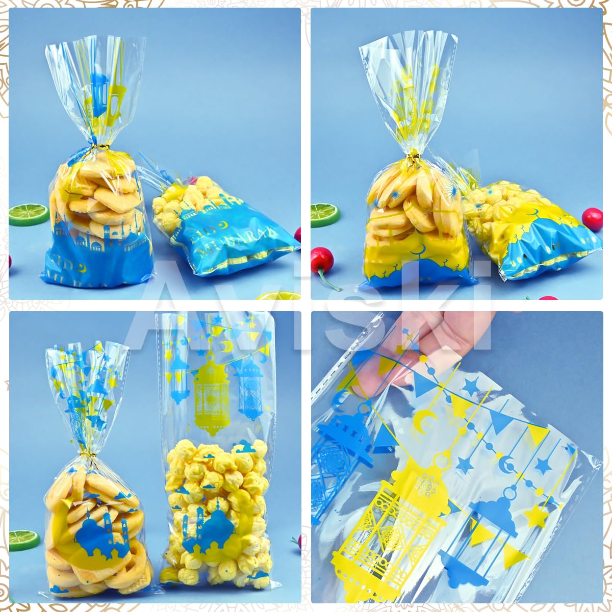 Aviski 150PCS Eid Mubarak Party Treat Bags, Ramadan Theme Printed Pattern Gift Bags Cellophane Clear Plastic Goodie Favor Bags with Silver Twist Ties for Eid Mubarak Party, 10.6 × 5.1inch