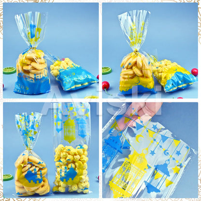 Aviski 150PCS Eid Mubarak Party Treat Bags, Ramadan Theme Printed Pattern Gift Bags Cellophane Clear Plastic Goodie Favor Bags with Silver Twist Ties for Eid Mubarak Party, 10.6 × 5.1inch