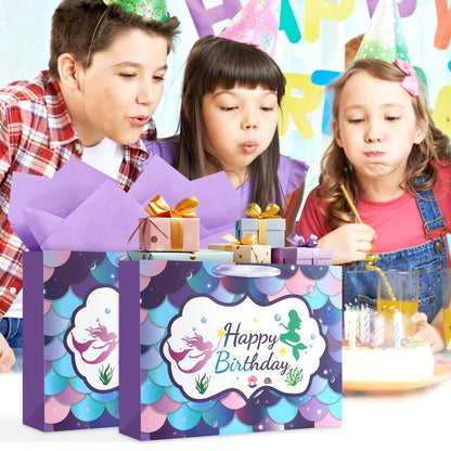 JMANNI Large Happy Birthday Gift Bag with Tissue Papers and Greeting Card,Portable Paper Mermaid Gift Bags with Handles,Purple Present Bags for Women Girls Birthday Party Supplies13 x 10.2" x4.7"