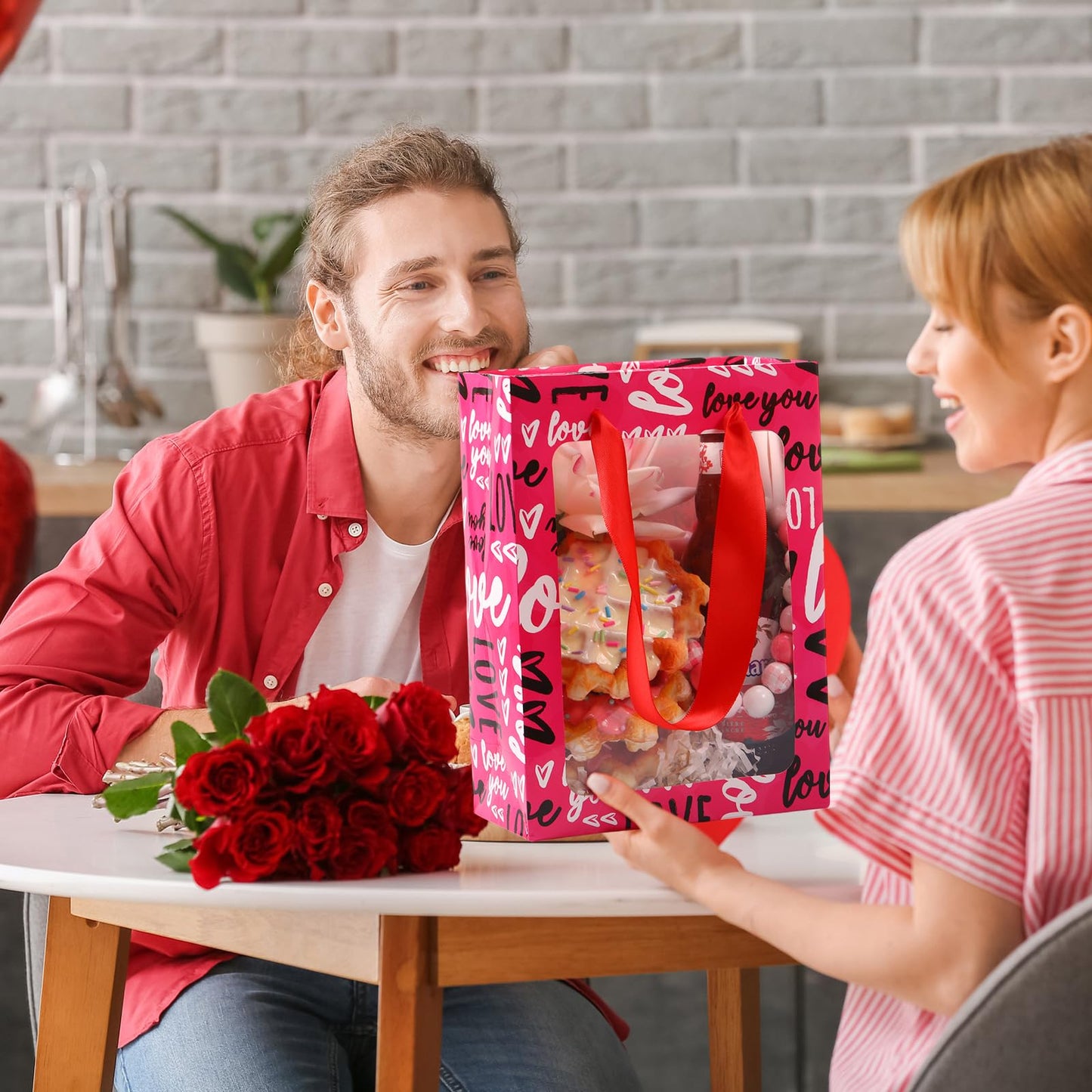 Frienda 12 Pcs Valentines Gift Bags Bulk Heart Goodie Bags with Clear Window and Handle Pink Red Happy Valentine's Day Paper Gift Wrap Love Tote Pouches for Party Favors Wedding Birthday Party