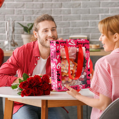 Frienda 12 Pcs Valentines Gift Bags Bulk Heart Goodie Bags with Clear Window and Handle Pink Red Happy Valentine's Day Paper Gift Wrap Love Tote Pouches for Party Favors Wedding Birthday Party