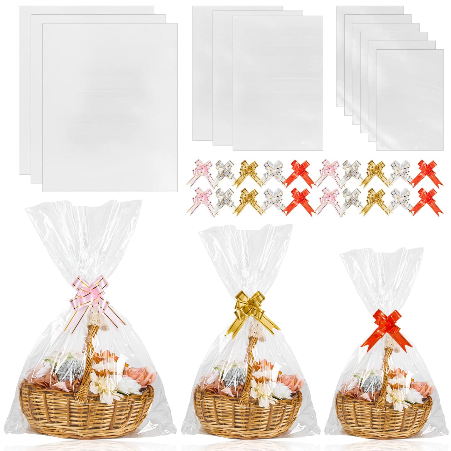 Labeol 50pcs Cellophane Bags 3 Sizes Cellophane Wrap for Gift Baskets 24x30 16x24 12x18 Large Clear Plastic Packaging Bags with 50 Pull Bows for Gift Wrapping