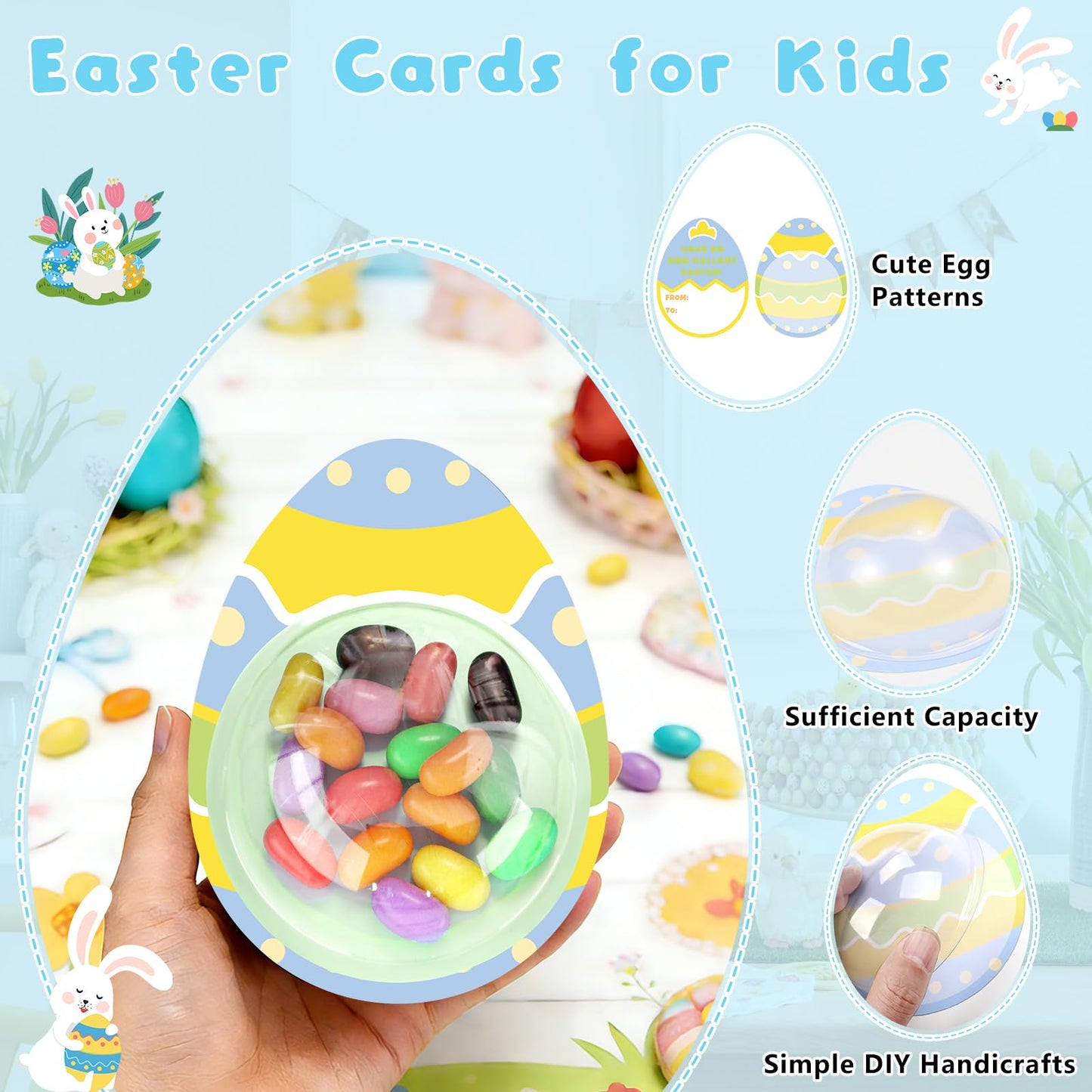 KJX 24 Pack Easter Cards for Kids Classroom,DIY Egg Design Easter Candy Cards with Plastic Domes, Easter Party Favors for School Holiday Celebrations Gifts and Craft Activities
