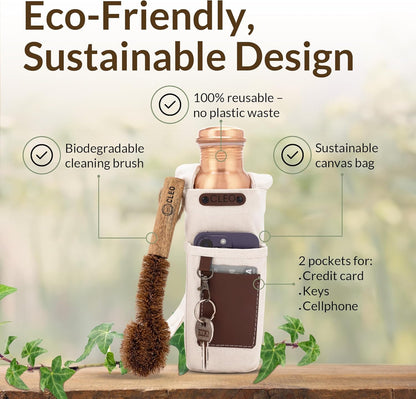 CLEO HOME 100% Pure Copper Water Bottle for Drinking, 32 Oz Hammered Ayurvedic Copper Bottle for Drinking Water | Leak-Proof & Eco-Friendly | For Yoga, Office, Travel with Canvas Carry Bag & Brush