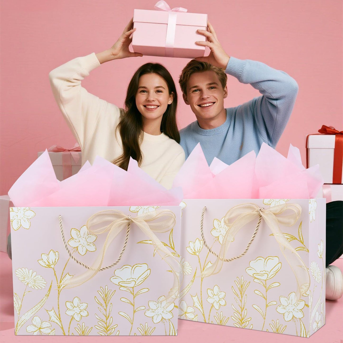Vkkperp 2Pcs 12.6" Large Light pink Gift Bags Set with Handles including Tissue Paper Envelope Sticker Greeting Card and Bow Ribbon for Wedding Party, Birthday, Mother’s Day, Valentine's Day