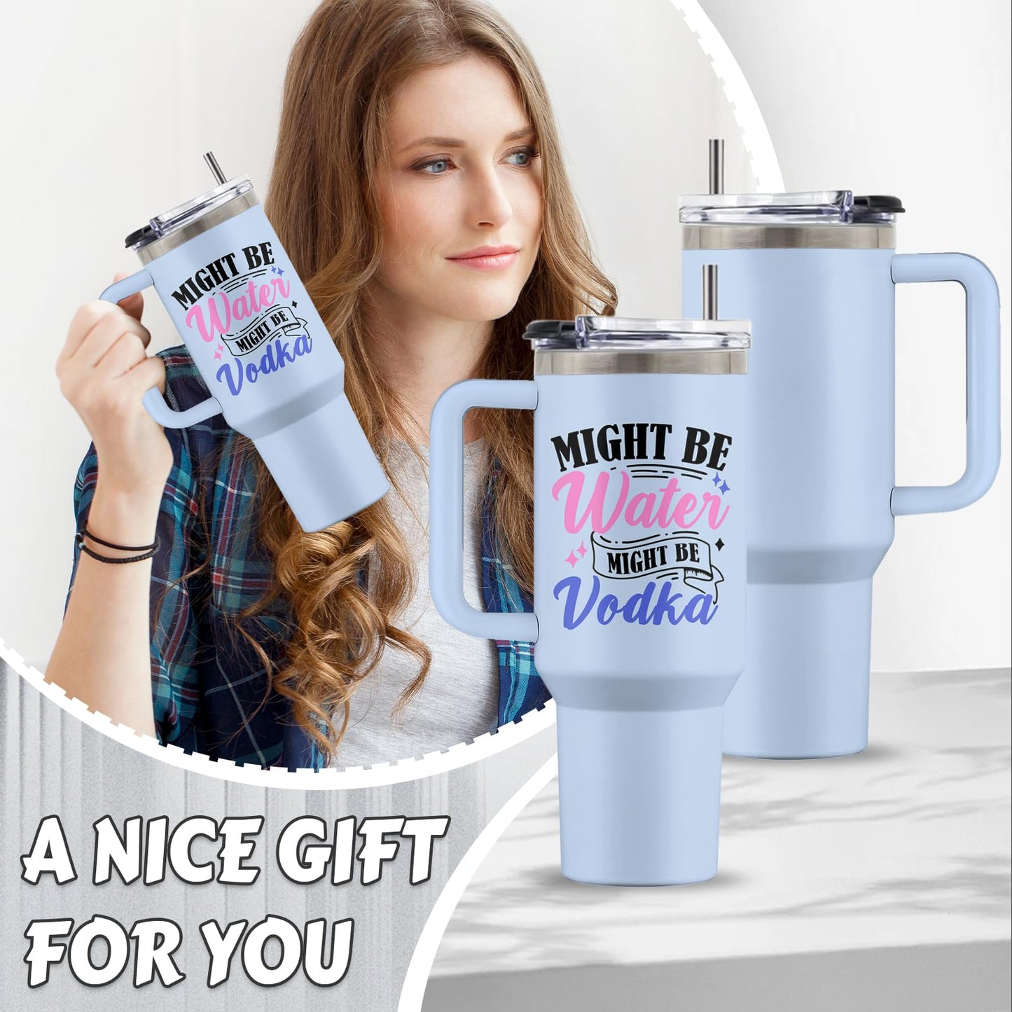 Might Be Gift, 40 Oz Might Be Water Might Be Vodka Tumbler with Handle & Straw, Might Be Wine Tumbler, Thanksgiving Christmas Birthday Gifts for Woman Man, Stainless Steel Might Be Cup, 1 PCS