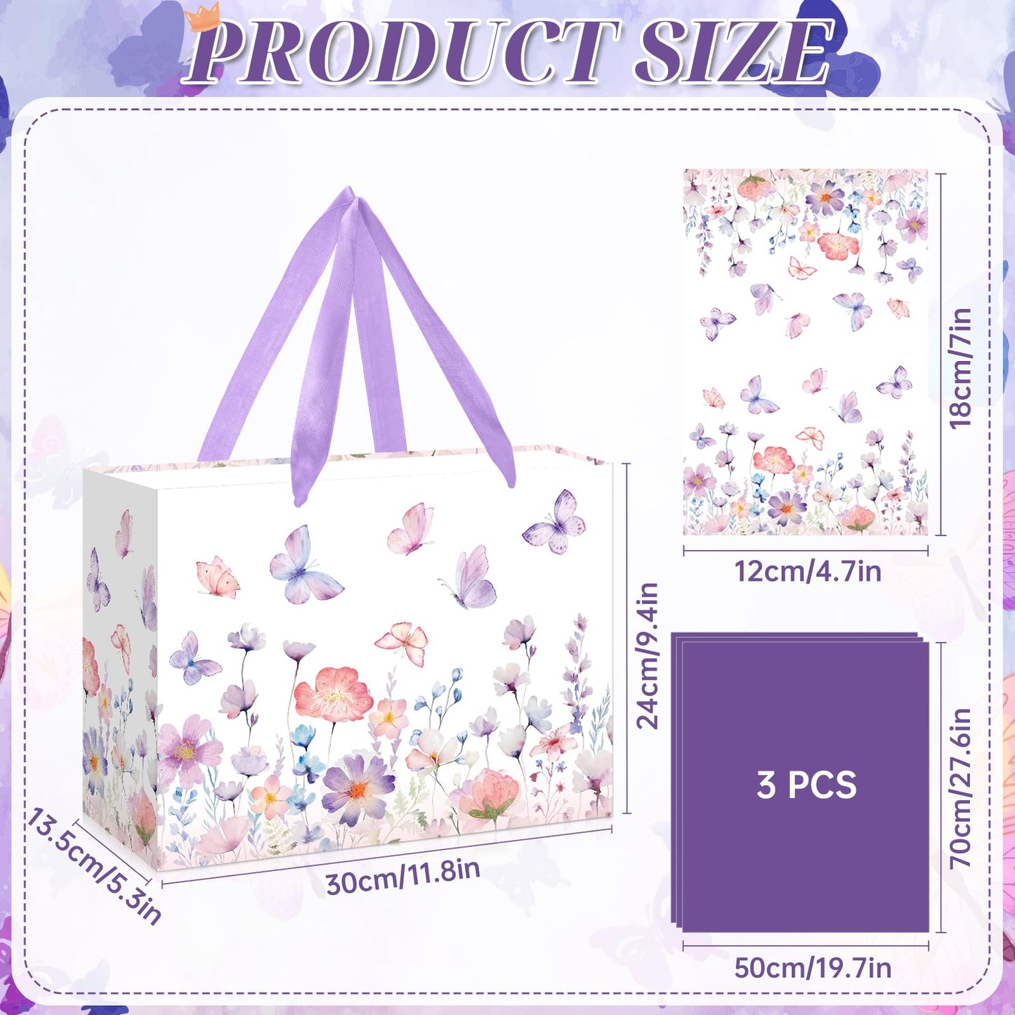 Purple Butterfly Gift Bag for Women Girls Purple Floral Birthday Party Favors Bags with Wrapping Tissue Paper and Greeting Card for Birthday Wedding Shower Party Supplies