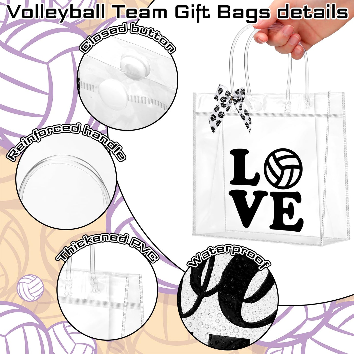 Vicenpal 12 Sets Clear Volleyball Gift Bag with Handles 12 Pcs Bows PVC Plastic Volleyball Treat Goodie Snack Bags 7.9 x 7.9 x 3.1'' Sport Theme Party Favors for Birthday Holiday Sports Team Gifts