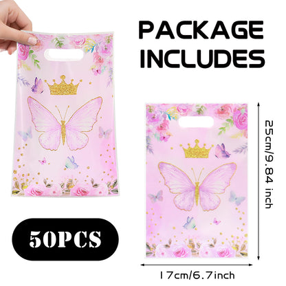 Infankey 50 PCS Butterfly Gift Bags Pink and Purple Butterflies Goodie Bags with gold Plastic Goodie Candy for Butterfly Theme Birthday Party Dessert Decors Party Supplies