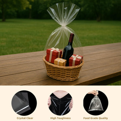 WIKDAY Cellophane Wrap for Gift Baskets 16x24 Inches 16 PCS Large Clear Gift Wrapping Plastic Bags with Ties for Gift Giving, Packaging Products