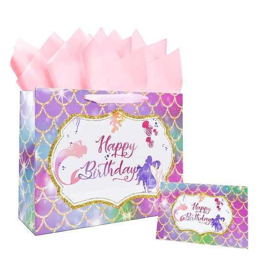 MUNILAIL 13 Inches Large Mermaid Birthday Gift Bag for Girls With Handle, Tissue Paper and Greeting Card - Mermaid Theme Party